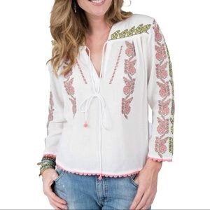 Ivy Jane White Cross Stitch Detail Top Neck Tie Pullover Blouse Sz XS